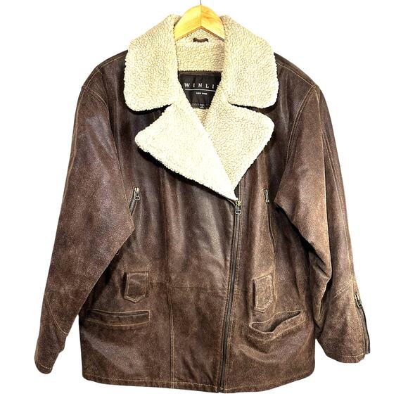 Vintage 90s Women's WINLIT Leather Zip Up Jacket with Sherpa Collar Brown Large - Picture 1 of 11